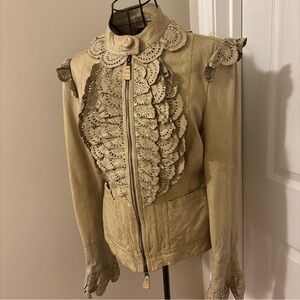 Tan Leather Jacket with Ruffled Collar and Textured Front